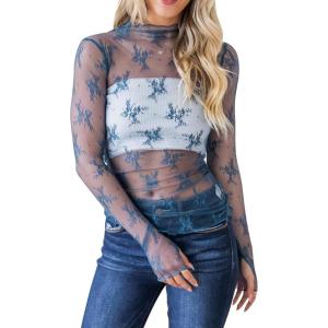 imageFlygo Womens See Through Floral Lace Layering Top Shirt Blouse Mock Neck Sheer Long Sleeve Mesh TopsMoroccan Blue