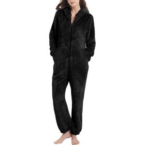 imageFlygo Womens Onesies Pajamas One Piece Hooded Adult Pajama Jumpsuit Winter Fuzzy SleepwearBlack