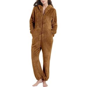 imageFlygo Womens Onesies Pajamas One Piece Hooded Adult Pajama Jumpsuit Winter Fuzzy SleepwearBrown