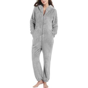 imageFlygo Womens Onesies Pajamas One Piece Hooded Adult Pajama Jumpsuit Winter Fuzzy SleepwearGrey