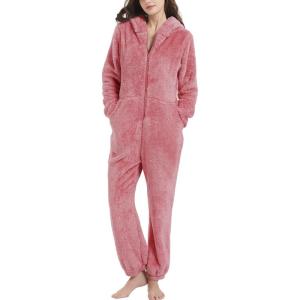 imageFlygo Womens Onesies Pajamas One Piece Hooded Adult Pajama Jumpsuit Winter Fuzzy SleepwearPink