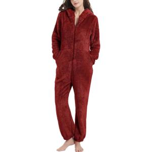 imageFlygo Womens Onesies Pajamas One Piece Hooded Adult Pajama Jumpsuit Winter Fuzzy SleepwearRed