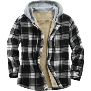 imageFlygo Flannel Shirt Jacket Men Fleece Hoodie Sherpa Lined Plaid Button Down Fall Winter Jackets with HoodBlackwhite