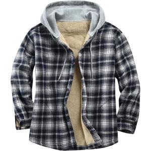 imageFlygo Flannel Shirt Jacket Men Fleece Hoodie Sherpa Lined Plaid Button Down Fall Winter Jackets with HoodBluewhite