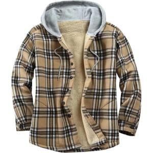imageFlygo Flannel Shirt Jacket Men Fleece Hoodie Sherpa Lined Plaid Button Down Fall Winter Jackets with HoodKhaki