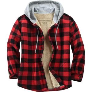 imageFlygo Flannel Shirt Jacket Men Fleece Hoodie Sherpa Lined Plaid Button Down Fall Winter Jackets with HoodRedblack