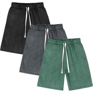 imageFlygo Mens 3 Pack Athletic Sweat Shorts Acid Washed Cotton Elastic Waist Drawstring Gym Workout Jogger Pants with PocketsBlackDarkgreyGreenL