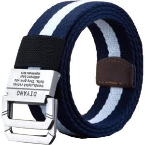 imageFlygo Mens Canvas Web Belt Double DRing Buckle 15quot Wide Leather Tip MultiColor Tactical Military Webbing BeltsNavy White Stripe