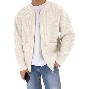 imageFlygo Mens Cardigan Sweater Zip Up Crewneck Knit Long Sleeve Open Front Casual Sweaters Outwear with PocketsApricot