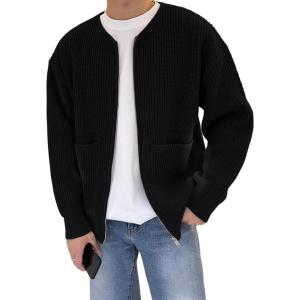 imageFlygo Mens Cardigan Sweater Zip Up Crewneck Knit Long Sleeve Open Front Casual Sweaters Outwear with PocketsBlack