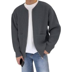imageFlygo Mens Cardigan Sweater Zip Up Crewneck Knit Long Sleeve Open Front Casual Sweaters Outwear with PocketsGrey