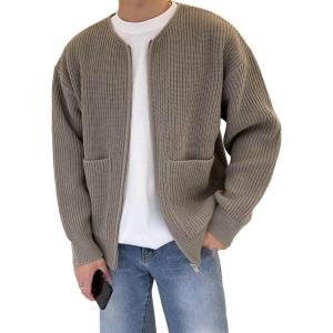 imageFlygo Mens Cardigan Sweater Zip Up Crewneck Knit Long Sleeve Open Front Casual Sweaters Outwear with PocketsKhaki