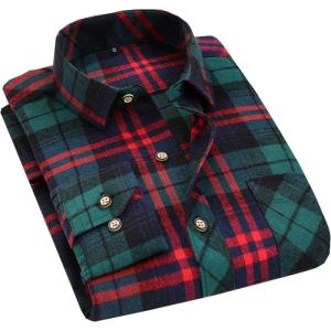 imageFlygo Mens Casual Collared Long Sleeve Plaid Button Down ShirtGreenred