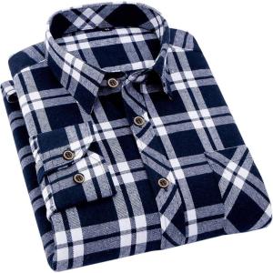 imageFlygo Mens Casual Collared Long Sleeve Plaid Button Down ShirtWhitenavy