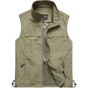 imageFlygo Mens Casual Lightweight Outdoor Work Safari Fishing Travel Photo Vest Multi PocketsKhaki