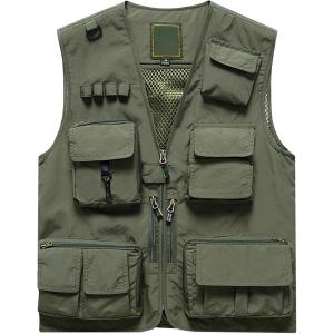 imageFlygo Mens Casual MultiPocket Outdoor Utility Fishing Photo Safari Work Travel VestArmy Green