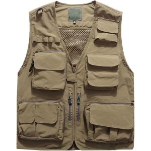 imageFlygo Mens Casual MultiPocket Outdoor Utility Fishing Photo Safari Work Travel VestKhaki
