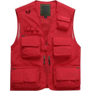 imageFlygo Mens Casual MultiPocket Outdoor Utility Fishing Photo Safari Work Travel VestRed