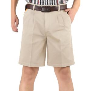 imageFlygo Mens Classic Fit 7 Inseam Chino Oxford Shorts Pleated Flat Golf ShortsBeige