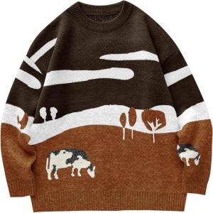 imageFlygo Mens Cow Sweater Harajuku Oversized Sweaters Chunky Casual Knit Pullover Jumper Fall Winter FashionBrown