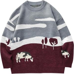 imageFlygo Mens Cow Sweater Harajuku Oversized Sweaters Chunky Casual Knit Pullover Jumper Fall Winter FashionBurgundy