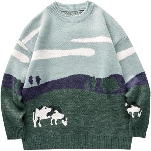 imageFlygo Mens Cow Sweater Harajuku Oversized Sweaters Chunky Casual Knit Pullover Jumper Fall Winter FashionGrey