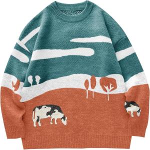 imageFlygo Mens Cow Sweater Harajuku Oversized Sweaters Chunky Casual Knit Pullover Jumper Fall Winter FashionOrange