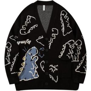 imageFlygo Mens Dinosaur Sweater Chunky Oversized Knitted Cartoon Button Down Sweater CardiganBlack