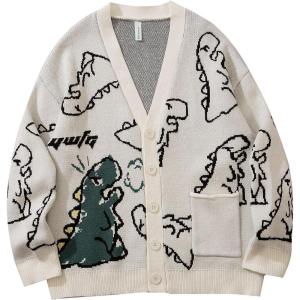 imageFlygo Mens Dinosaur Sweater Chunky Oversized Knitted Cartoon Button Down Sweater CardiganWhite