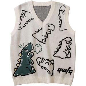 imageFlygo Mens Dinosaur Sweater Vest Unisex Sleeveless Knit Sweaters Casual Pullover JumperOffwhite
