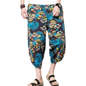 imageFlygo Mens Ethnic Stylish Drawstring Elastic Waist Loose Fit Baggy Linen Harem Capri PantsArmy Green1