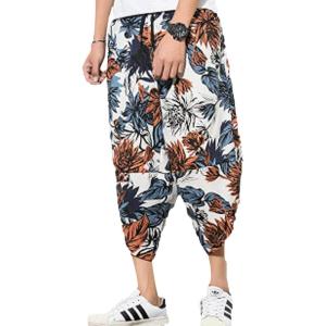 imageFlygo Mens Ethnic Stylish Drawstring Elastic Waist Loose Fit Baggy Linen Harem Capri PantsBlue9