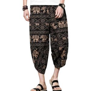 imageFlygo Mens Ethnic Stylish Drawstring Elastic Waist Loose Fit Baggy Linen Harem Capri PantsCoffee4