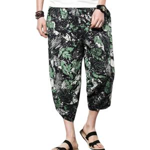imageFlygo Mens Ethnic Stylish Drawstring Elastic Waist Loose Fit Baggy Linen Harem Capri PantsGreen3