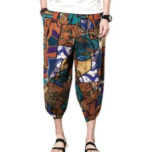 imageFlygo Mens Ethnic Stylish Drawstring Elastic Waist Loose Fit Baggy Linen Harem Capri PantsRed Brown5