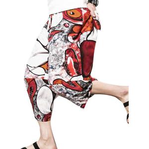 imageFlygo Mens Ethnic Stylish Drawstring Elastic Waist Loose Fit Baggy Linen Harem Capri PantsRed6