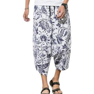 imageFlygo Mens Ethnic Stylish Drawstring Elastic Waist Loose Fit Baggy Linen Harem Capri PantsWhite7