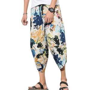 imageFlygo Mens Ethnic Stylish Drawstring Elastic Waist Loose Fit Baggy Linen Harem Capri PantsYellow 8