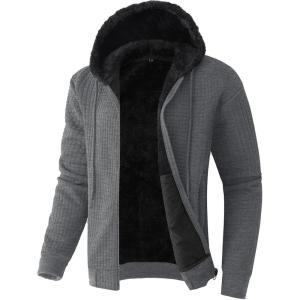 imageFlygo Mens Fleece Hoodie Jacket Jacquard PlaidCloth Zipper Sherpa Lined Sweatshirt Jackets Winter Warm CoatDarkgrey