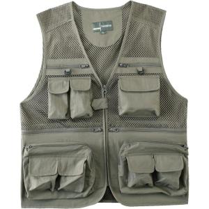 imageFlygo Mens Mesh Quick Dry Outdoor Work Fishing Travel Photo Vest with Multi PocketsLight Khaki