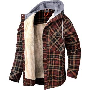 imageFlygo Mens Outdoor Casual Fleece Sherpa Lined Flannel Hooded Plaid Shirt JacketCoffeePlaidL