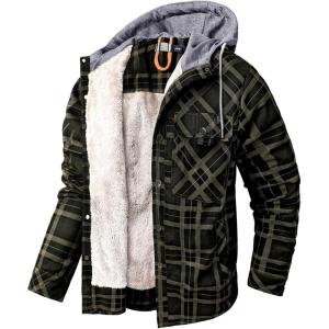 imageFlygo Mens Outdoor Casual Fleece Sherpa Lined Flannel Hooded Plaid Shirt JacketGreenPlaidXXL
