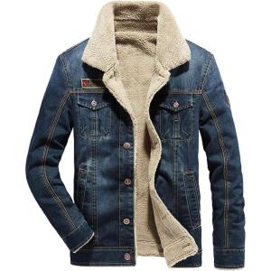 imageFlygo Mens Sherpa Fleece Lined Denim Trucker Jacket Winter Jean Jacket Cowboy Coat02 Dark Blue