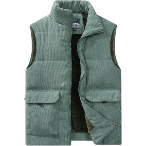 imageFlygo Mens Sherpa Lined Puffer Vest Corduroy Winter Vests Warm Sleeveless Quilted Fleece Vest Jacket OuterwearGreen