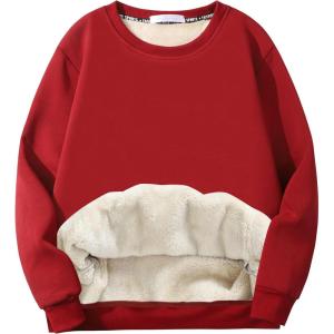 imageFlygo Mens Sherpa Lined Sweatshirts Fleece Pullover Top Cotton Crew Neck Sweatshirt Warm Sweater Winter ClothesRed