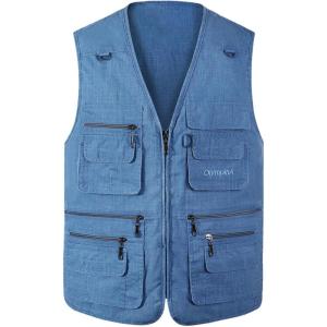 imageFlygo Mens Summer Casual Fishing Photography Vest Multiple Pockets Outdoor Waistcoat Jacket Large Denim Blue