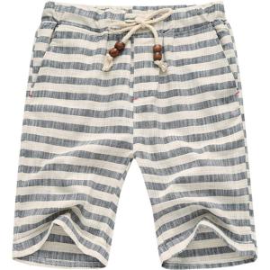 imageFlygo Mens Summer Casual Linen Drawstring Striped Beach ShortsGrey
