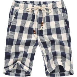 imageFlygo Mens Summer Casual Linen Drawstring Striped Beach ShortsPlaid Navy