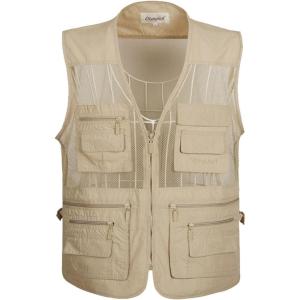 imageFlygo Mens Summer Mesh Fishing Vest Photography Work MultiPockets Outdoors Journalists Vest Sleeveless Jacket XXLarge Beige