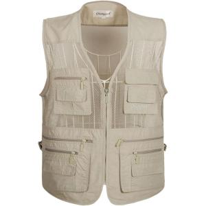 imageFlygo Mens Summer Mesh Fishing Vest Photography Work Multipockets Outdoors Journalists Vest Sleeveless Jacket Medium Off White